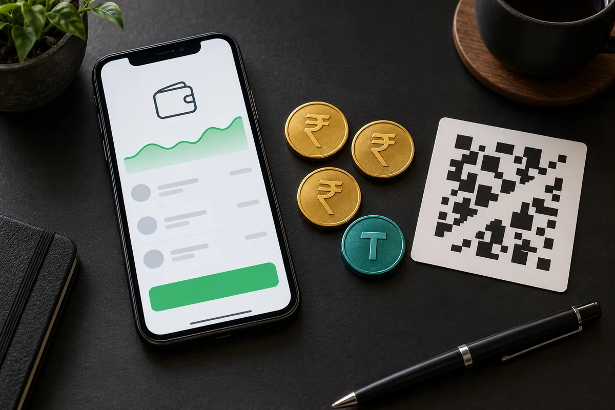 Phone showing a crypto wallet deposit screen next to rupee coins and a UPI QR card